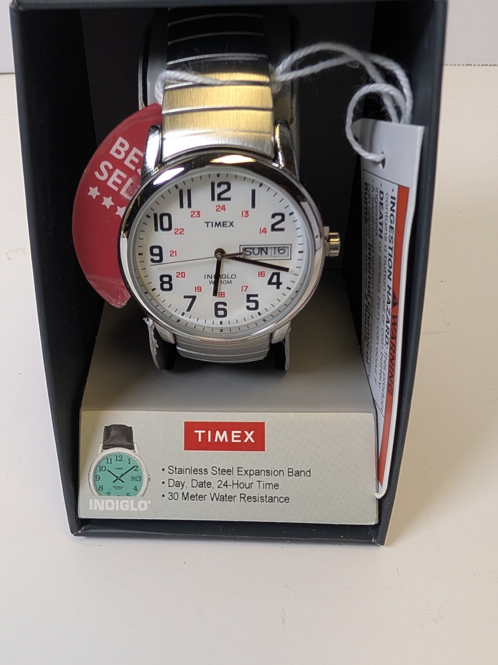 Timex Men's Easy Reader Watch T20461 White Dial Silver Expansion Band Indiglo -